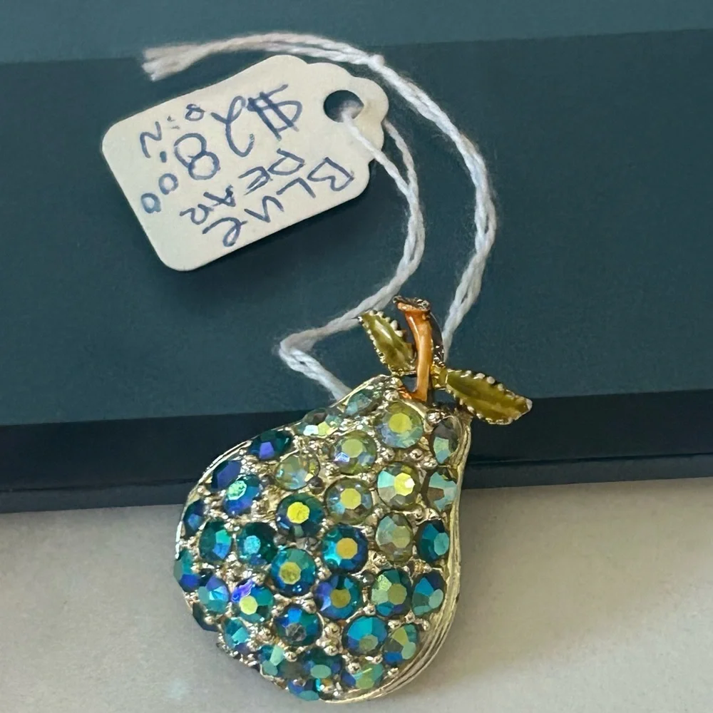 NWT Pear Fruit Gold Brooch Turquoise Blue and Green Rhinestones Unique Handmade